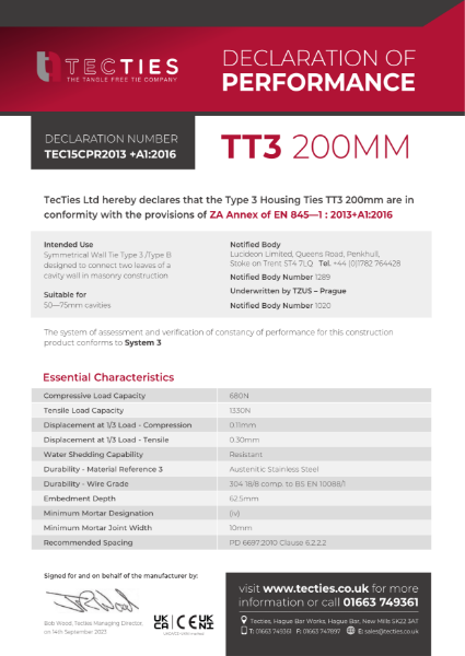 Type 3 Housing Ties TT3 200mm - 50—75mm cavities - DoP