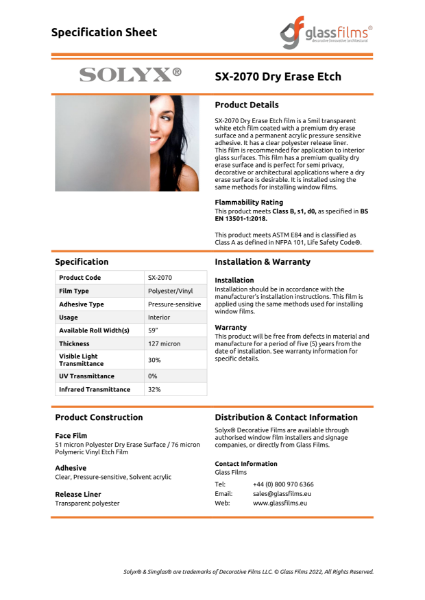 SX-2070 Dry Erase Etch Specification Sheet