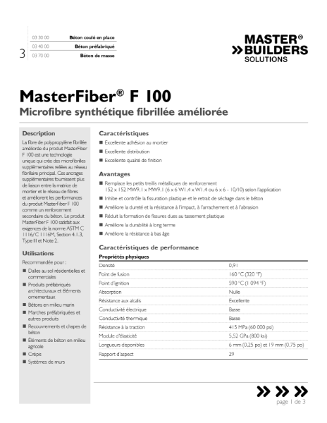 MasterFiber F 100 Data Sheet (French)