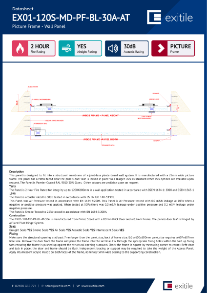 Datasheet - Slimfit Metal Access Panel - Picture Frame - 2 Hour Fire Rated - 30dB Acoustic - Airtight & Smoke Tested