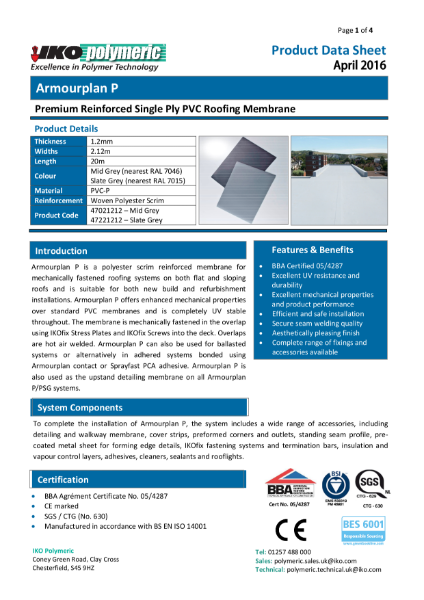 IKO Armourplan P PVC Single Ply Roofing Membrane datasheet