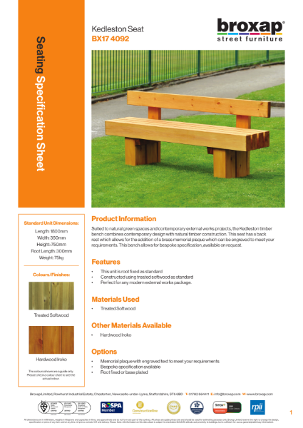 Kedleston Seat Specification Sheet