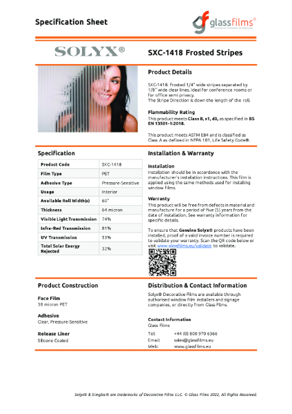 SXC-1418 Frosted Stripes Specification Sheet