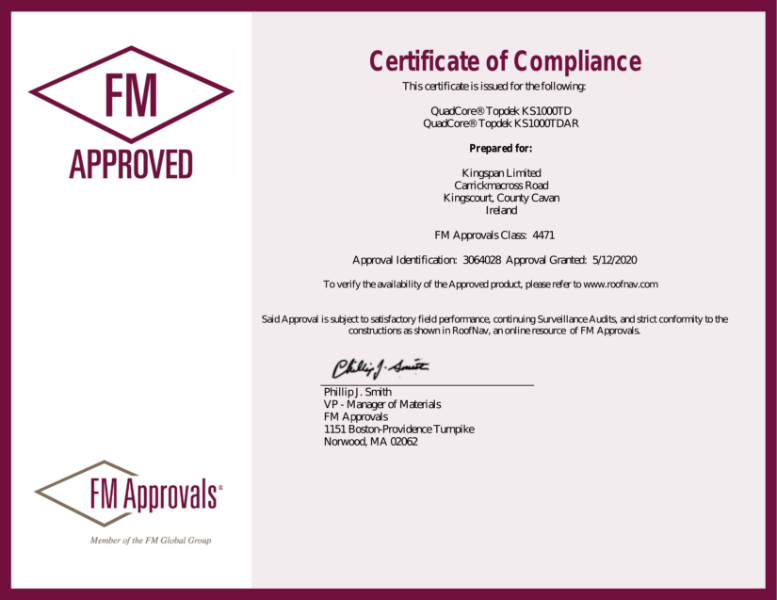 Kingspan Quadcore Topdek Roof FM-4471 certificate