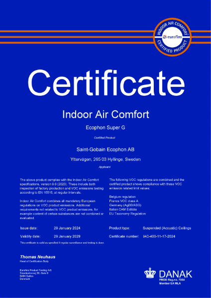 Ecophon Eurofins Certificate - Super G - Indoor Air Comfort  - January 2029