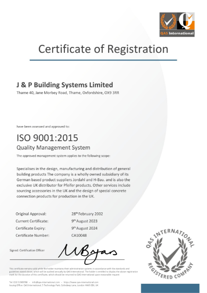 J AND P ISO9001:2015 Certificate