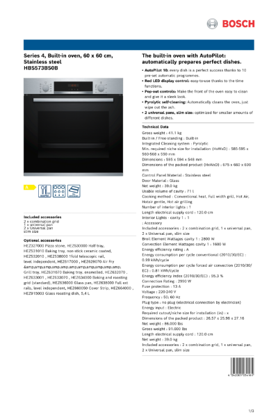 Series 4, Built-in oven, 60 x 60 cm,
Stainless steel
HBS573BS0B