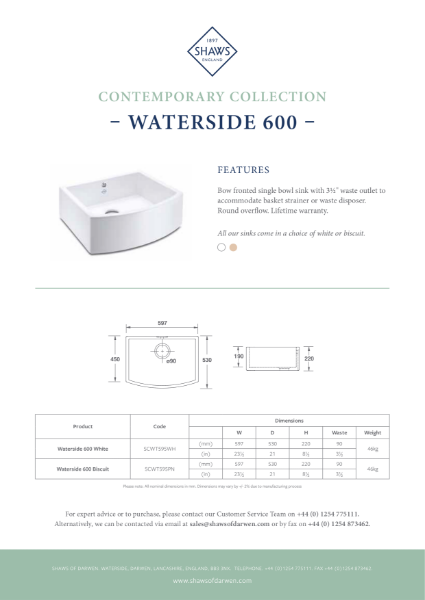 Waterside 600 Single Bowl Kitchen Sink - PDS