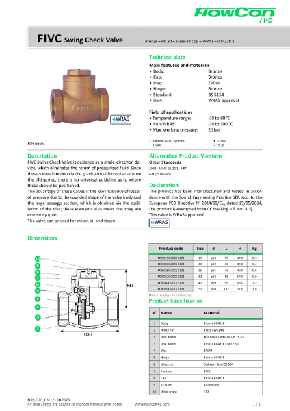 FlowCon IVC Series FCH WRAS-approved Bronze Female Threaded Swing Check Valve