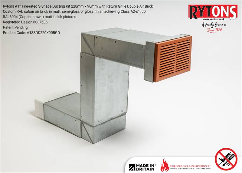 Rytons A1® Fire-rated S-Shape Ducting Kit 220 x 90 mm with Double Air Brick