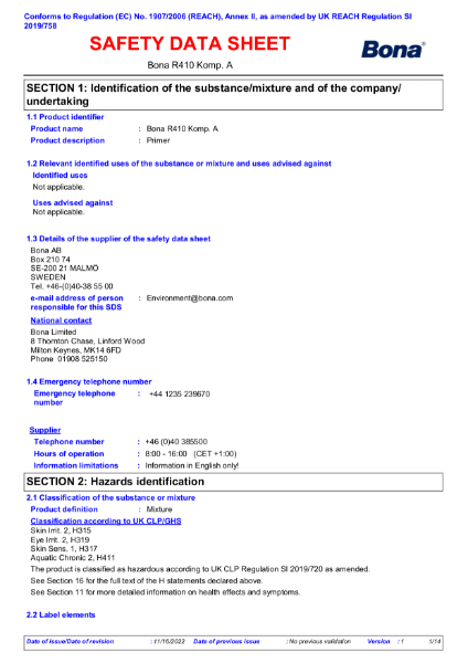 Bona R410 - Component A Safety Data Sheet