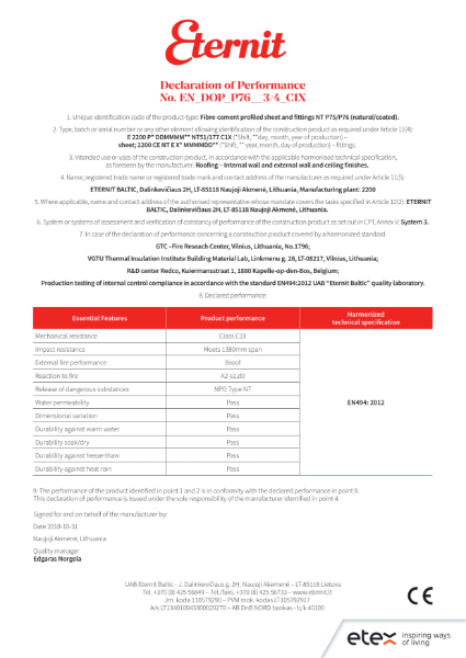 Eternit - Declaration of Performance Akmenė