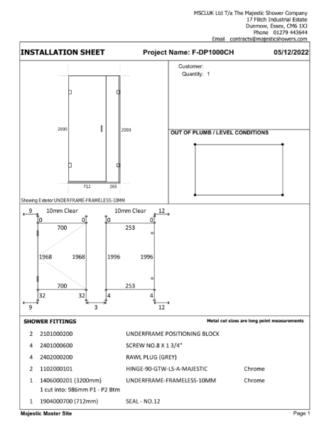 Installation Sheet - Rio 1000mm