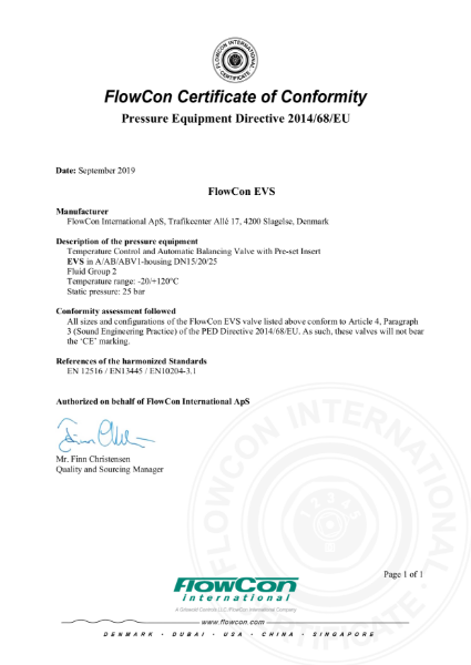 FlowCon EVS TCV PED Certificate