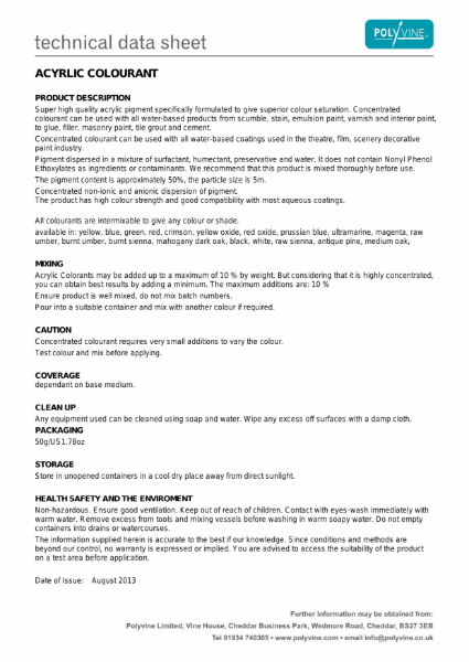 Acrylic Colourant Technical Data Sheet