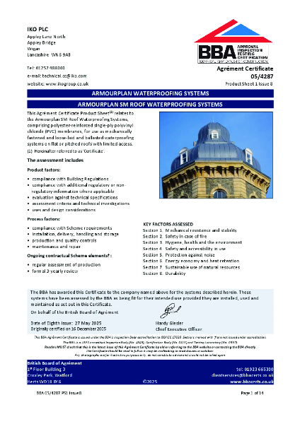 Armourplan SM Roof Waterproofing Systems BBA certificate