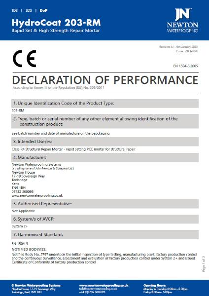 Newton HydroCoat 203-RM Declaration of Performance