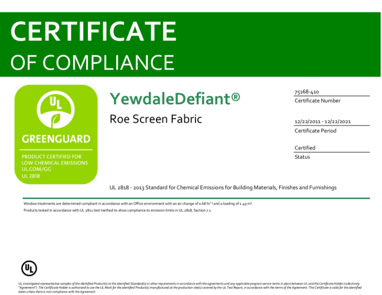 GREENGUARD Roe fabric certificate