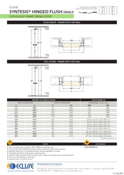 Syntesis Hinged size chart and technical specification