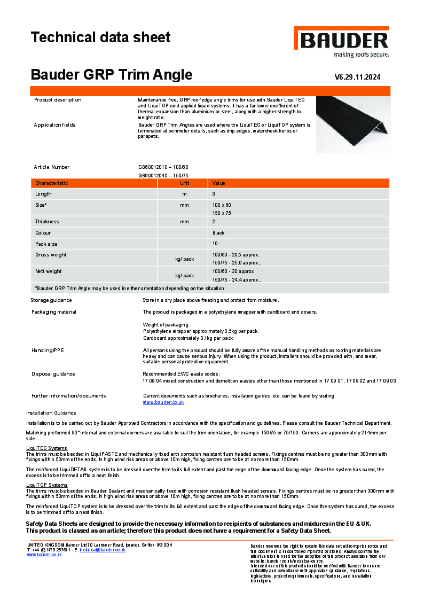 Bauder GRP Trim Angles - Technical Data Sheet