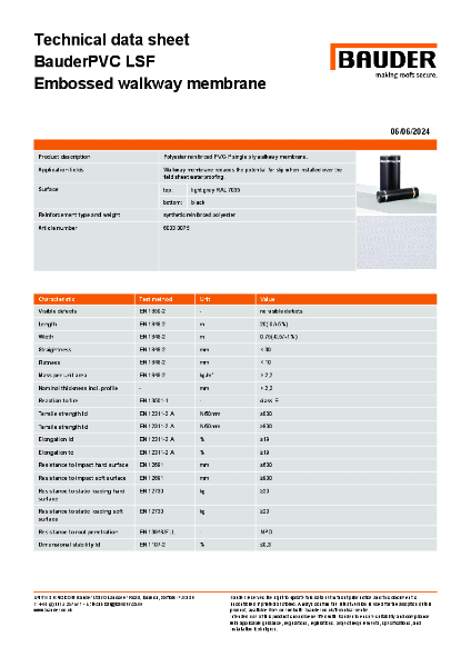 BauderPVC LSF Embossed walkway membrane (light grey) - Technical Data Sheet