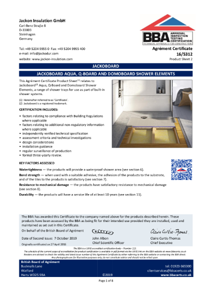 JACKOBOARD® Shower Tray BBA Certificate