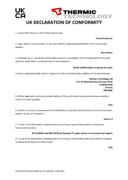 PhotonFrame-A1 (non-combustible) UKCA DoC