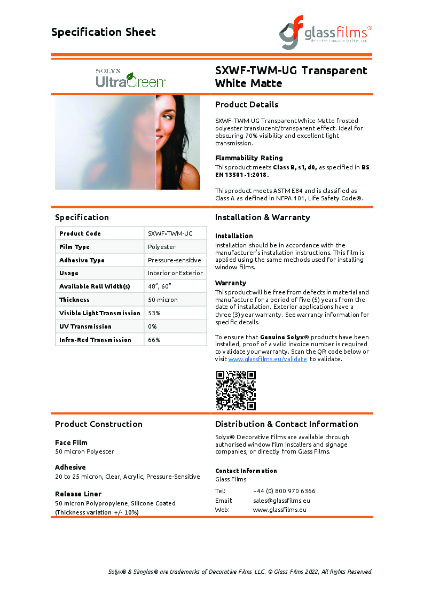 SXWF-TWM-UG Transparent White Matte Specification Sheet