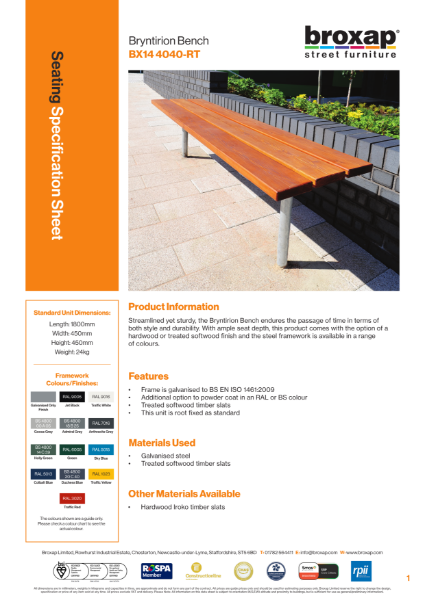 Bryntirion Bench Specification Sheet