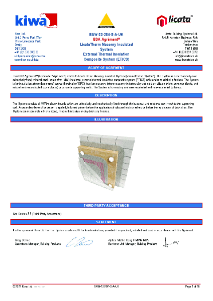 Licata Masonry Mineral Wool EWI System A1 Clay Brick Slips - KIWA BDA Certificate