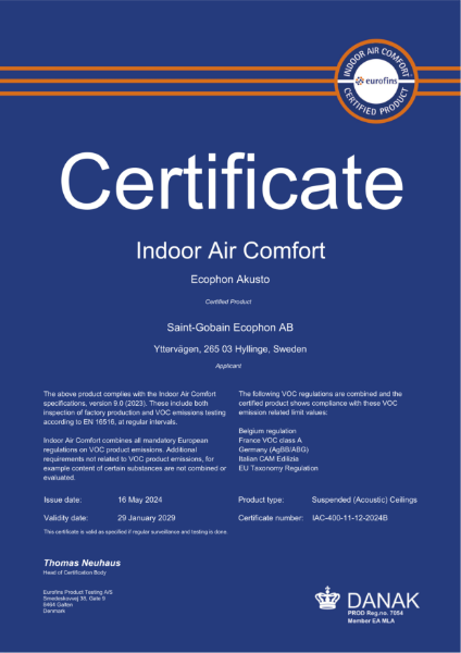 Ecophon Eurofins Certificate Indoor Air Comfort Gold Certificate - Akusto - Plant - 29th January 2029