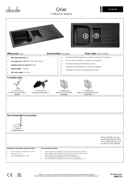 AW3113. Oriel Granite Inset Sink (1.5 Bowl & Drainer), Black Granite - Consumer Specification
