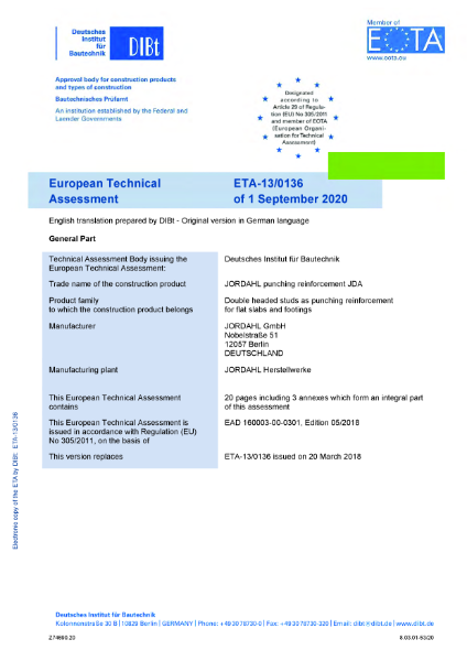 European Technical Assessment for JORDAHL PUNCHING SHEAR REINFORCEMENT - JDA - ETA-13/0136