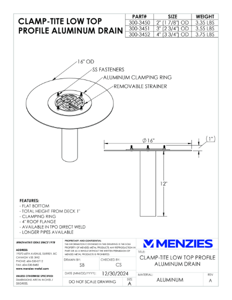 CLAMP-TITE ALUMINUM FLAT TOP DRAIN - NO BOWL Tech Drawing