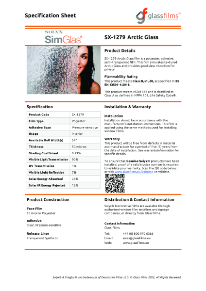 SX-1279 Arctic Glass Specification Sheet