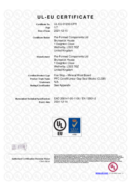 PFC Corofil Linear Gap Blocks CLGB - UL-EU Certificate: 01230-CPR 
