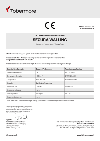Secura Retaining Walling_Tobermore CE Declaration of performance January 2022_Country Stone
