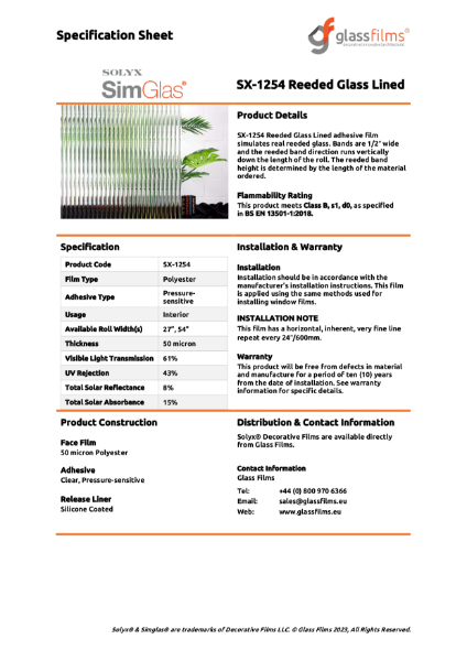 SX-1254 Reeded Glass Lined Specification Sheet