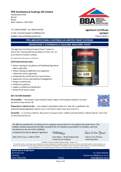 Stormshield Silicone Masonry Paint BBA Certificate 19/5627