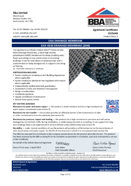 Cavity Drainage Membranes BBA Certificate
