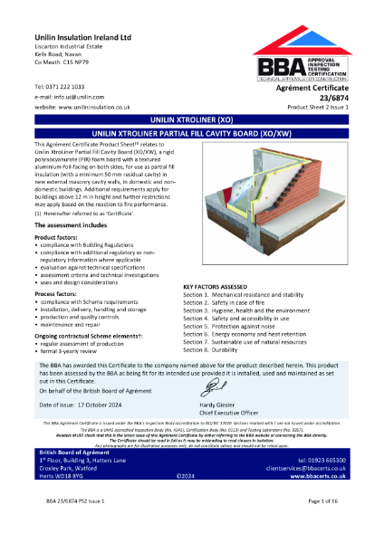 BBA Agrément Certificate no.  23/6874   XO/XW