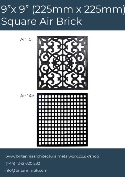 9" x  9" (225 mm x 225 mm) - Square Air Brick  - Cast Iron and Aluminium Air Bricks