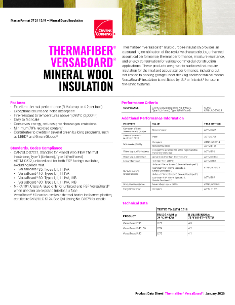 Thermafiber VersaBoard Multipurpose Mineral Wool Insulation Data Sheet