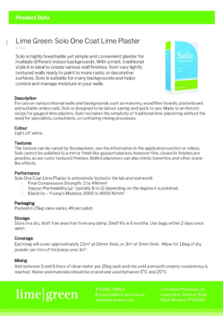 Solo Onecoat Lime Plaster - Product Data Sheet