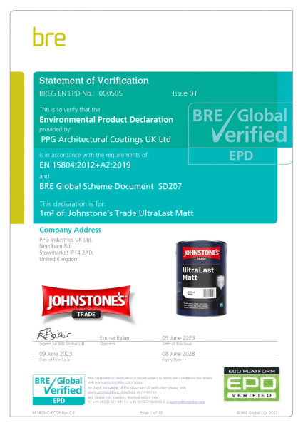 Environmental Product Declaration (EPD) BREG EN EPD No: 000505 Johnstone's Trade UltraLast Matt