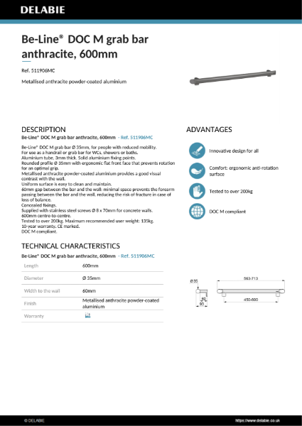 Be-Line® Grab Bars - Anthracite, 600 mm Doc M Product Data Sheet