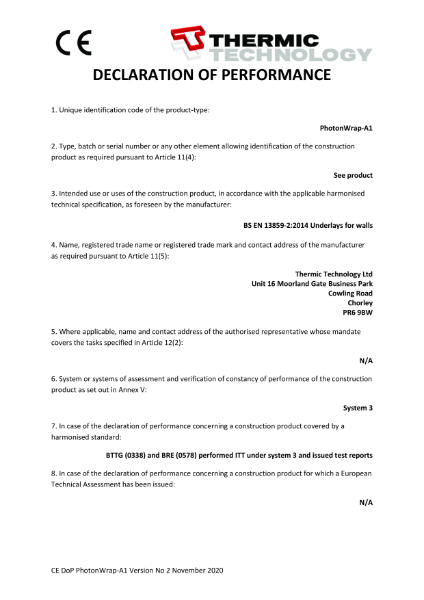 PhotonWrap-A1 (non-combustible) CE DoP