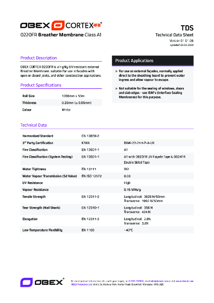 OBEX CORTEX 0220FR Class A1 Breather Membrane W2 - TDS