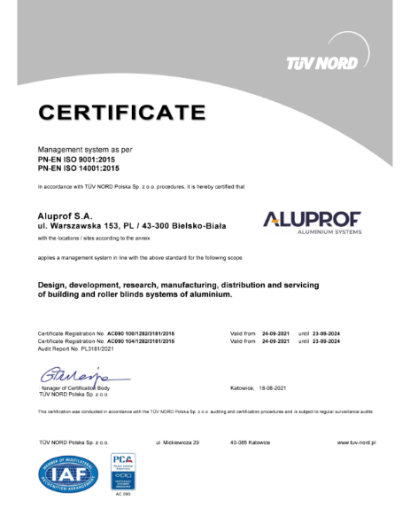 Aluprof ISO 9001 Certificate