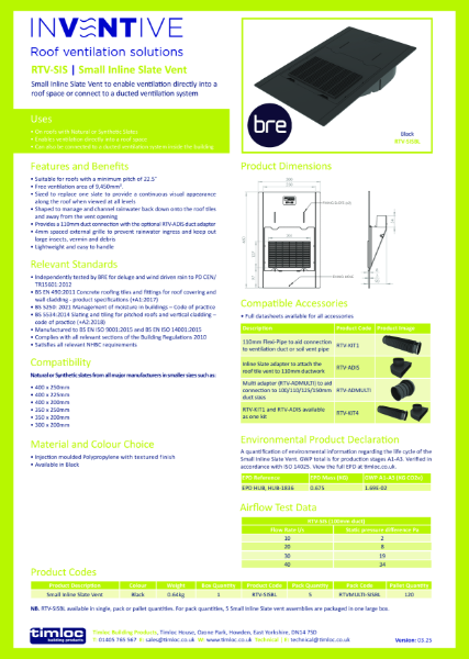 Small Inline Slate Vent Datasheet